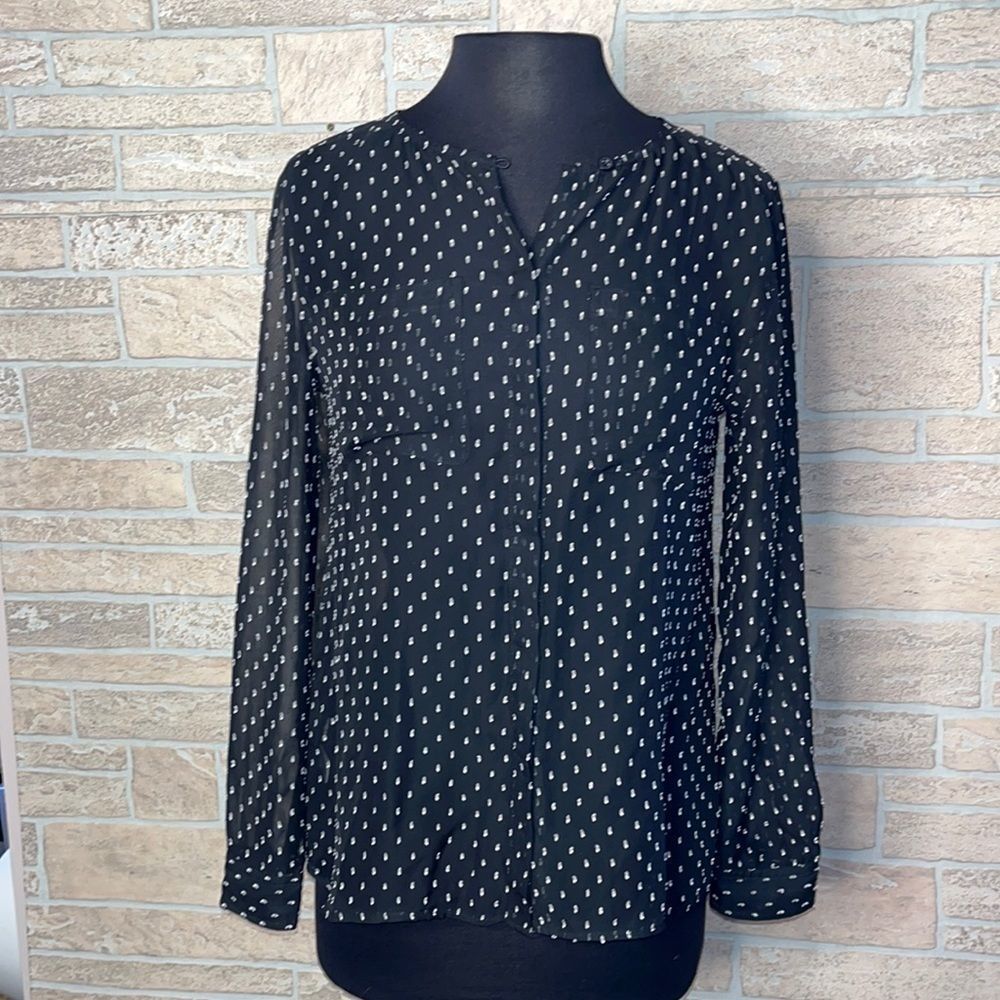 LOFT Black and White Polka Dot Button Up Blouse Size Small
